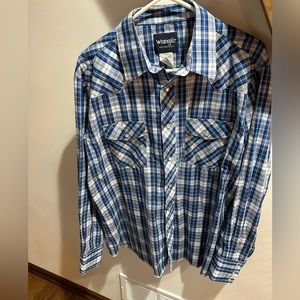 Wrangler western vintage Pearl snap long sleeves shirt mens XL blue white plaid